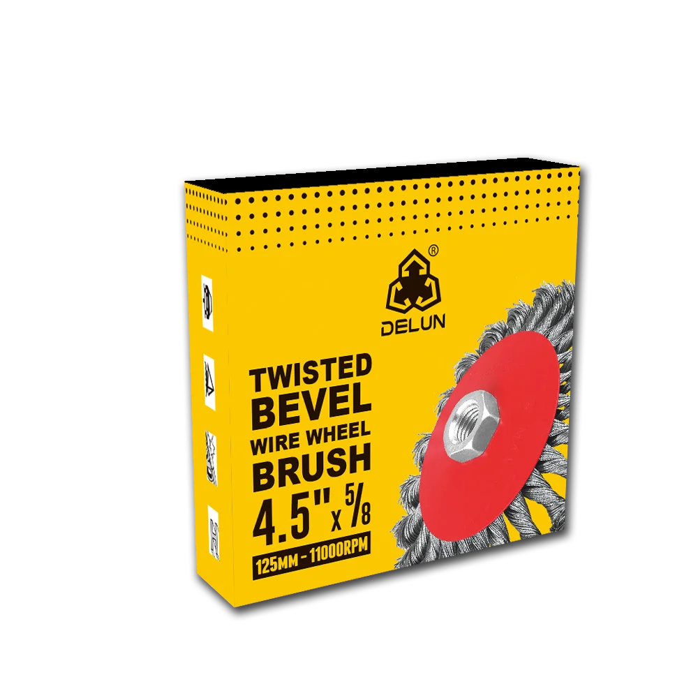 DELUN Professional 4-Inch Knotted Bevel Brush Steel Bristle International Standard MPA for Polishing 3-Inch Bristle Length