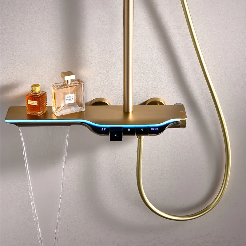 LED Light Shower Mixer Set Flow Exposed Smart Bathroom Shower Set with Piano Button Shower Thermostatic Bath Tap