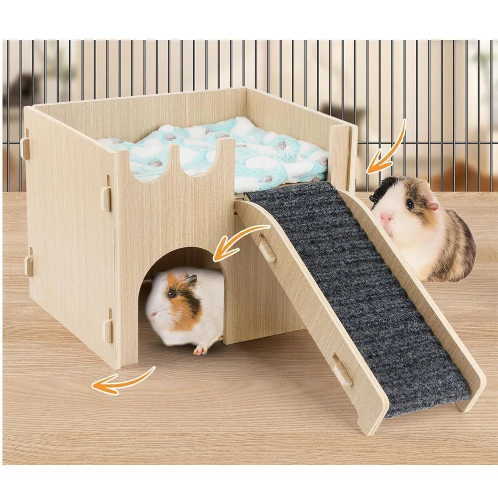 Wooden hamster House with stairs and cushions Removable Guinea Pig Castle Hidden Hut habitat suitable for small animals Pig rabb