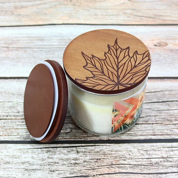 Vietnam hot selling mdf glass candle lid brown color lasering leaf round wooden lid OEM size and shape sealed wood lid