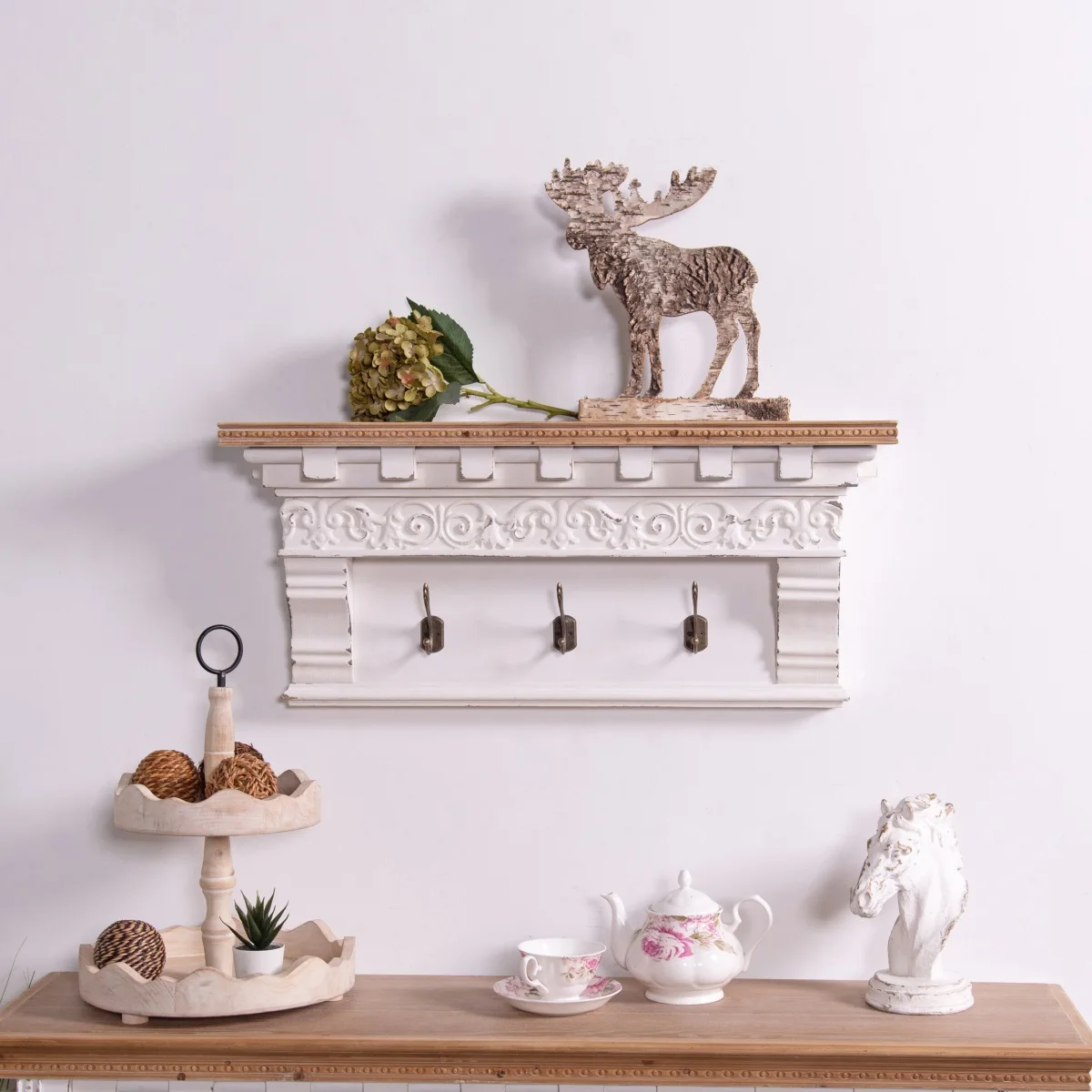 Innova Entryway Hallway Bedroom Decorative Nordic Solid Wood Wall Mounted Hanging Wooden Hat Shelf Coat Rack with Hooks