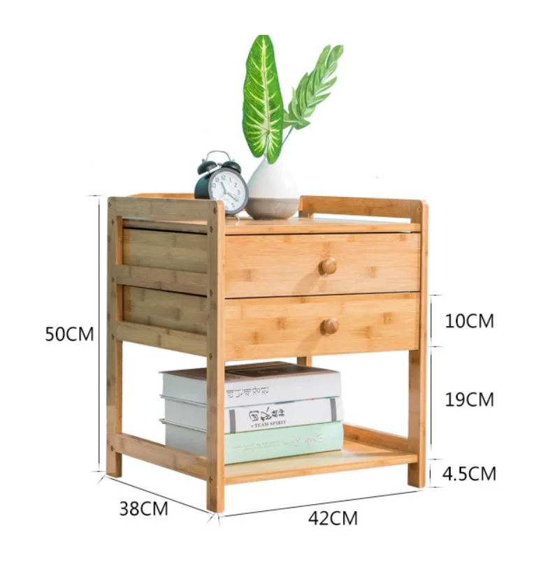 Ночной столик из бамбука для спальни с нижней полкой и ящиками