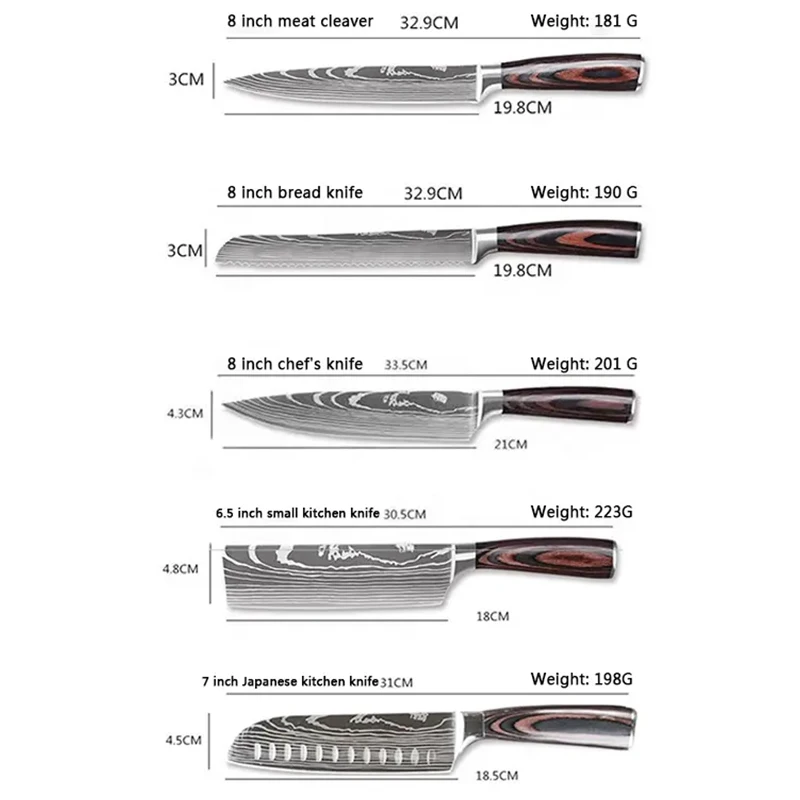 Wholesale price 9pcs sharp wooden stainless steel santoku chef modern knives kitchen knife set