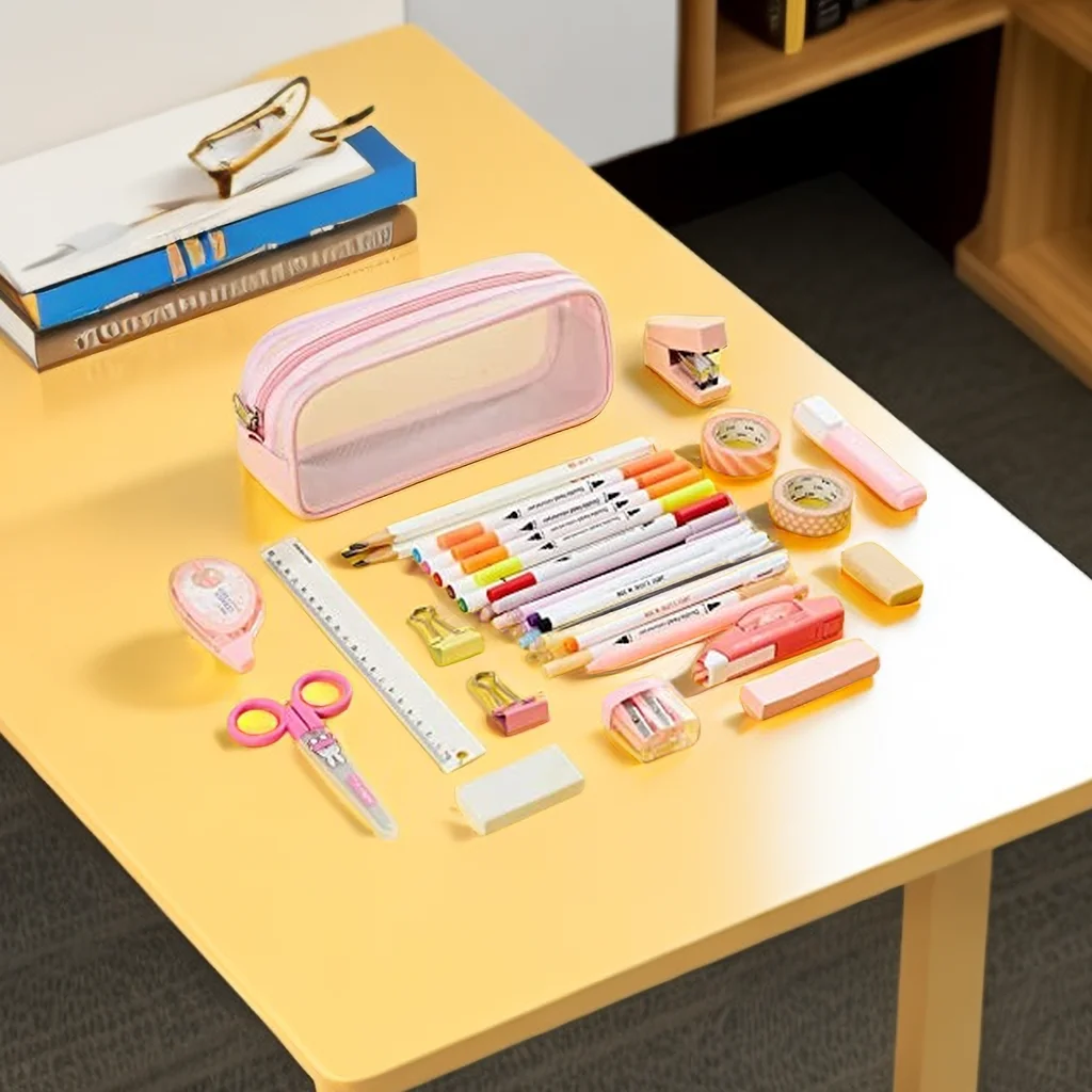 Cute Small Pencil Case for Girls School Bag with Mesh Fabric and PVC Material Pen Bag Pouch for School Bags