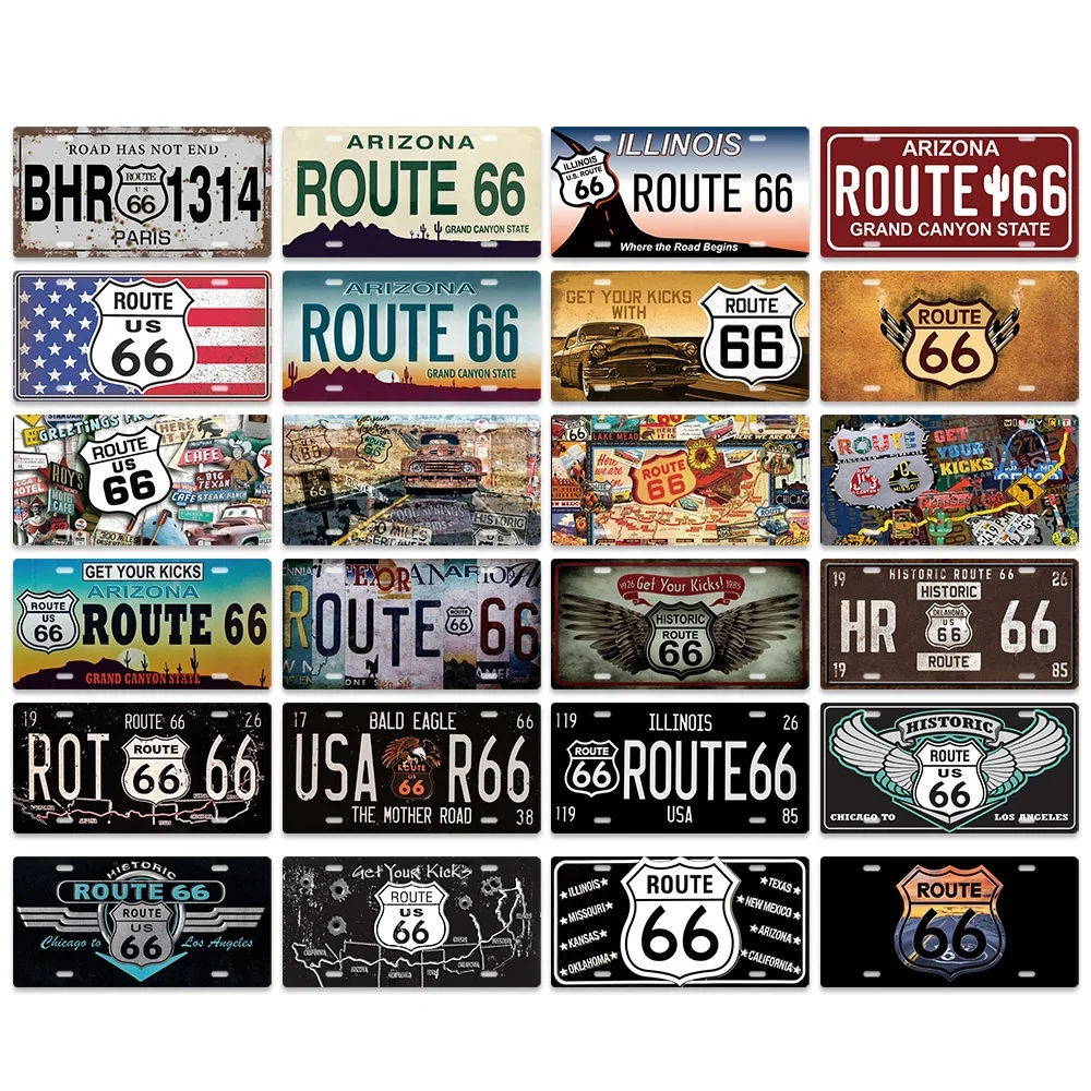 Putuo Decor Route 66 Car License Plate Metal Sign America Tin Printing Sign Garage Man Cave Decor
