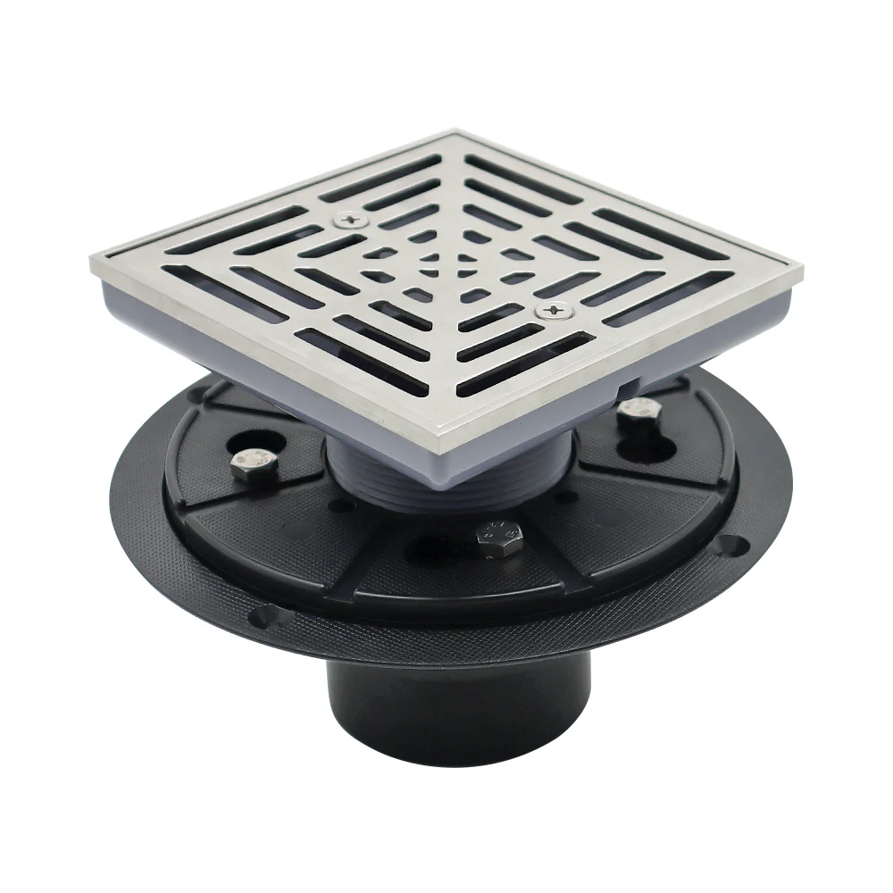 4 Inch Square Shower Floor Drain with Flange SUS 304 Stainless Steel Cover Matte Black Shower Floor Drain