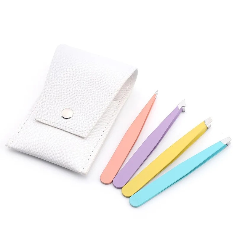 High Quality Stainless Steel Custom Logo Eyebrow Pliers Bevel Flat Pointed Knife Edge Tweezers Eyelash Extension PU Leather Bag