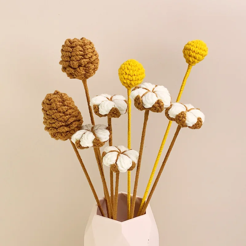 Autumn Style Billy Ball Crochet Handmade Yellow Pine Cone Branch Knitted Decoration Graduation Halloween Christmas Home Decor