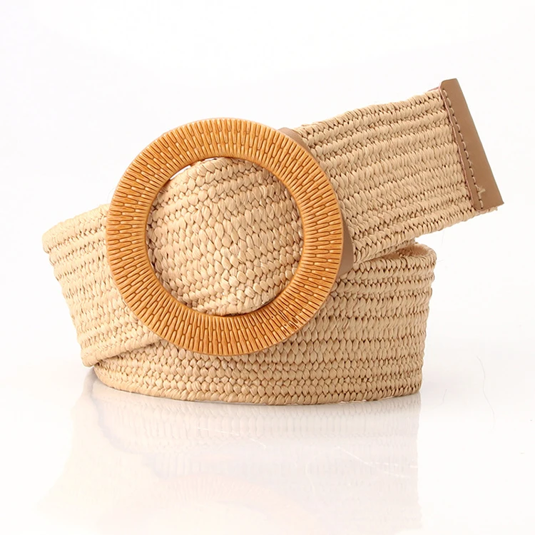 Wholesale round buckle waistband stretch straw woven braided women belt