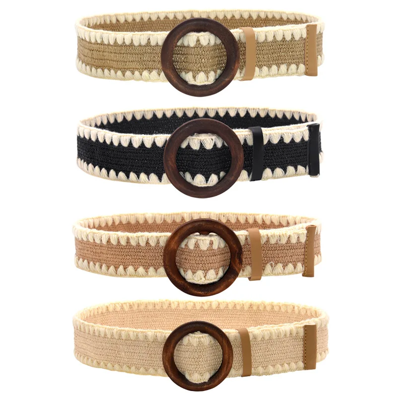 Wholesale Women Skinny Raffia Dress Belt Wooden Buckle Straw Woven Wide Belt Knitted Elastic Rattan Waist Stretch Belt