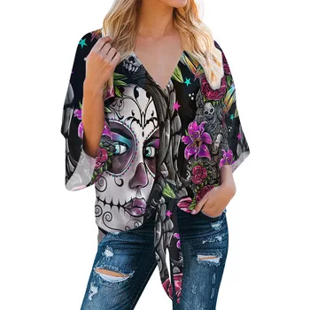 Tie Knot Floral Gothic Skull Flower Pattern V Neck Shirts For Women Blouses Ruffle Short Sleeve Casual Work Chiffon Blouse Tops