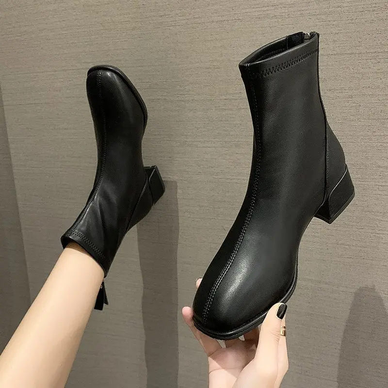 Fashion Pointed Toe Stacked Chunky Block Heel Ankle Boots Faux Leather Booties Comfortable Women Chelsea Boot