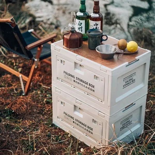 Car Trunk Eco Friendly Side Door PP Plastic Outdoor Foldable Camping Storage Box Organizer With Wood Lid