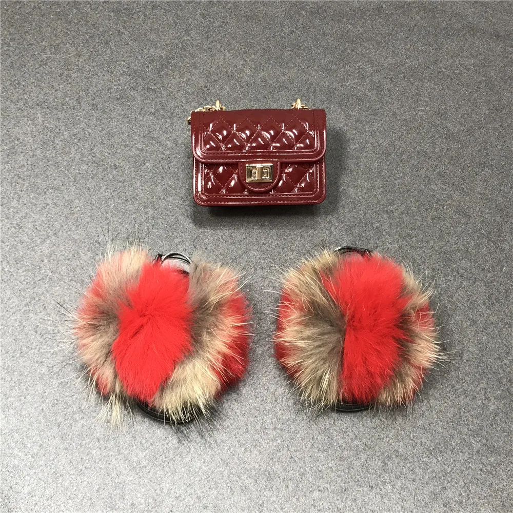 
Kids Fur Slippers Jelly Bag Purse Set Fluffy Fur Slides Handbag with Slides Real Fox Fur Slides Children Shoulder Bag Wholesale 