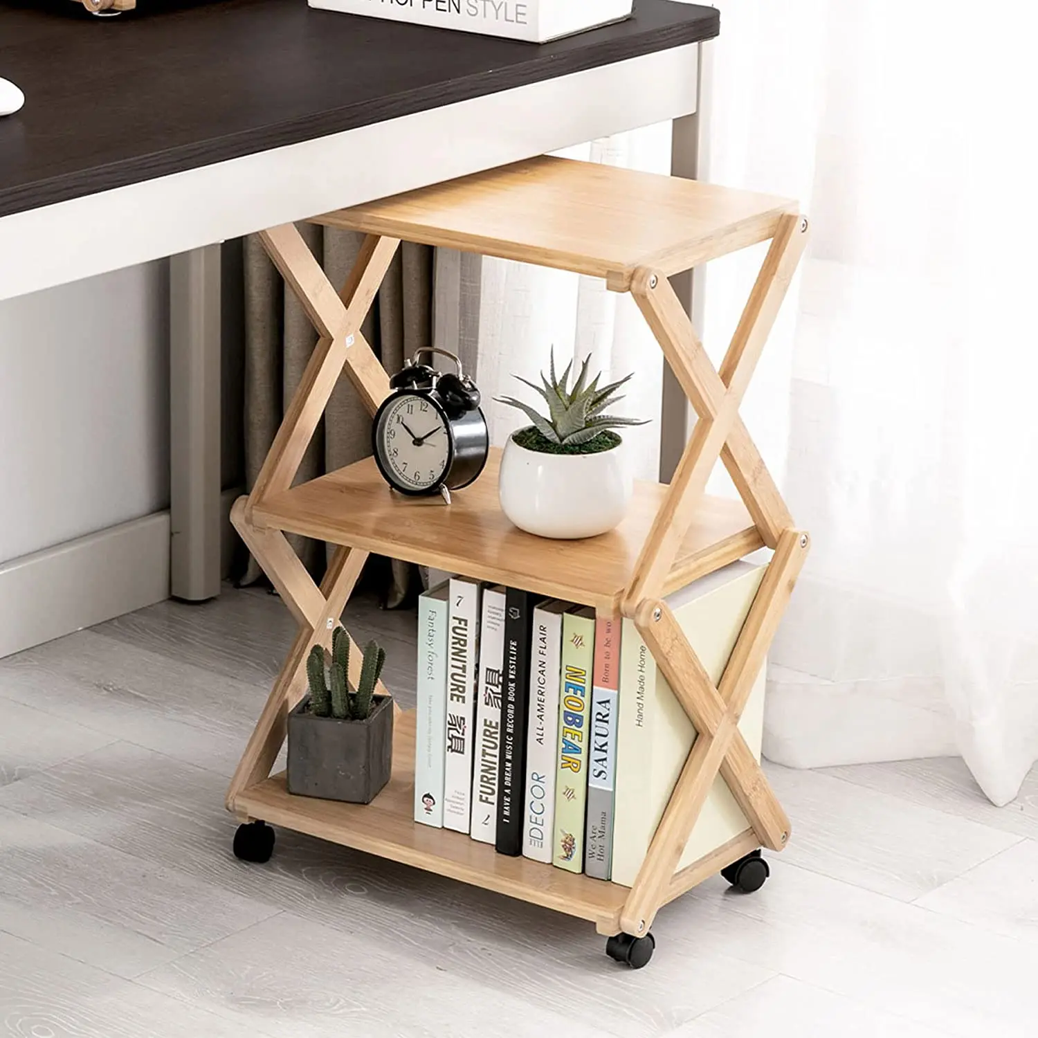 Custom 3-Tier Printer Cart Side Table with 4 wheels Bamboo Desk Organizer Anti-Skid Home Office Organization Under Desk Shelf