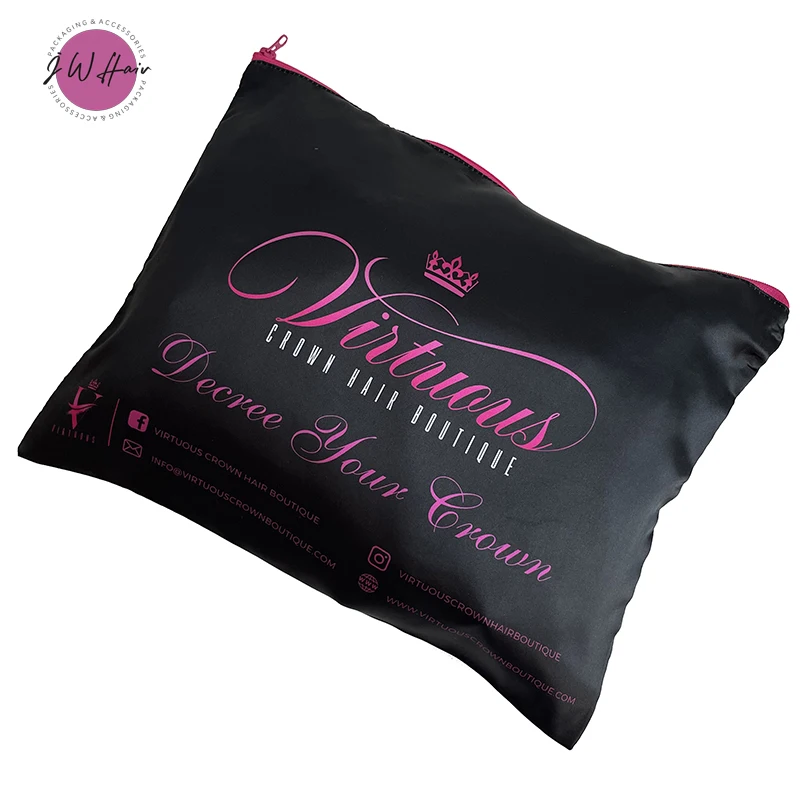 Hair Extensions Packaging Silk Zipper Bag Custom All Over Logo Printed Satin Zip Wig Storage Gift Bag