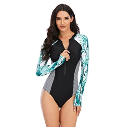 AOSHILI 2022 Print long sleeve one piece swimsuit women front zipper rash guard swimwear black surfing bathing suits wetsuits