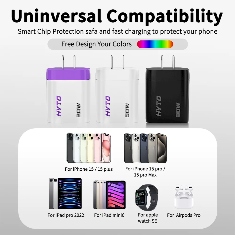 HYTO Y50 30W PD QC3.0 USB Travel Charger QUICK CHARGER PPS Smart Phone EU Plug Type C Wall charger Adapter With 1m Cable