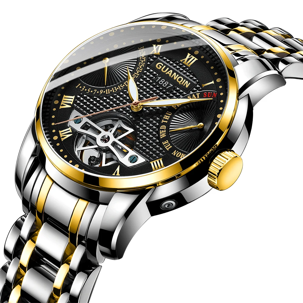 Роскошные автоматические механические часы GuanQin, часы из нержавеющей стали с Лунной фазой, деловые часы