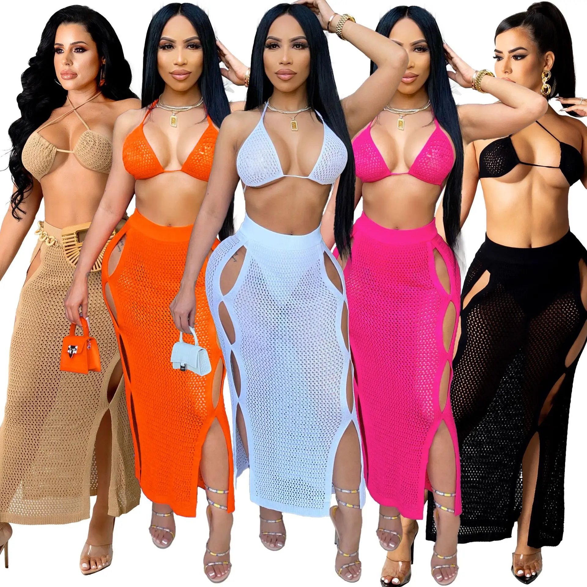 Women Summer Beach Cover Up Set Knitted Crochet Two Piece Swimsuit Bandage Bra and Hollow Out Long Skirt Bathing Suits