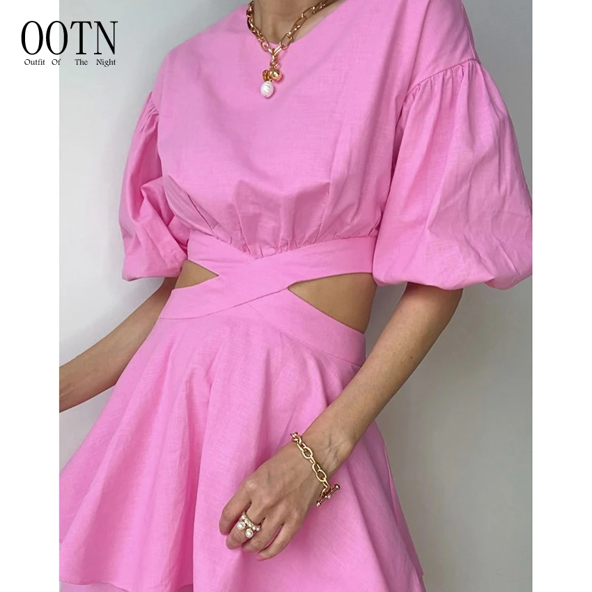 OOTN Casual O-Neck Thin A-Line Summer Dress Women Puff Sleeve Lace-Up Ruffled Elegant Mini Dresses Pink Hollow Out Linen Dress