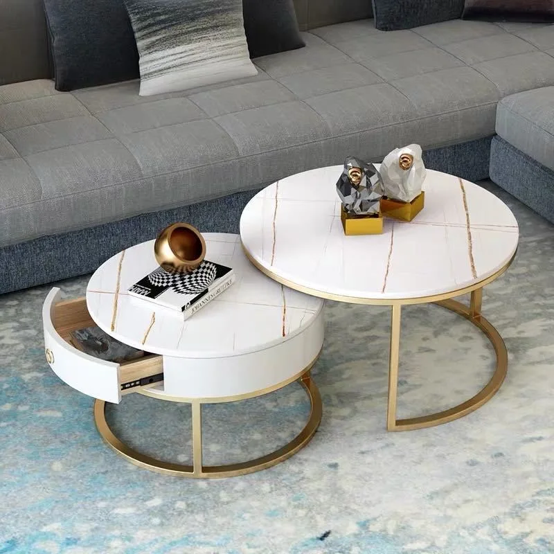 Modern Living Room Furniture 2 Pieces Coffee Table Marble Top Gold Base Coffee Table Set