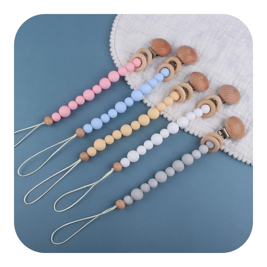 Schnullerkette Silicone Beads Pacifier Chain Clip Wooden Ring Chupetes Teething Soother Dummy  Baby Teether Pacifier Holder