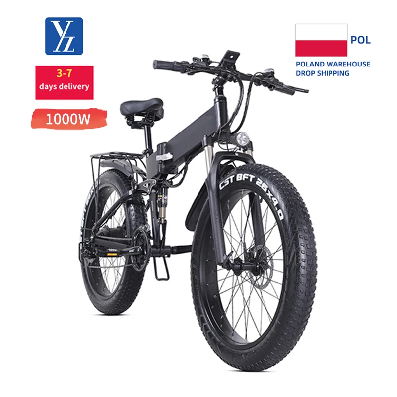 Eu warehouse 1000w 26 Inch Mountain fat tire folding electric bike 48v 15ah 7speed 21speed full suspension folding ebike