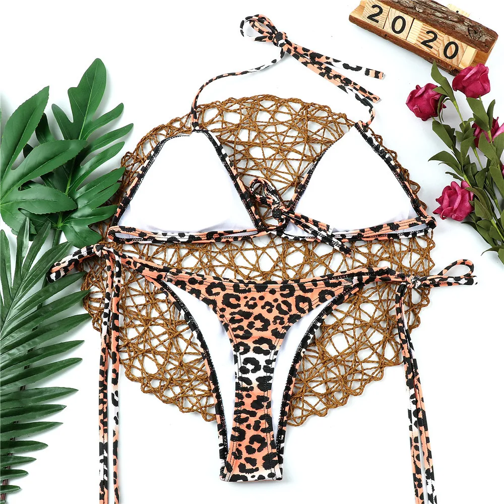 Retro Halter Bikini Sexy 2 Piece Set String Split Swimsuit Bathing Suit Beachwear Leopard Print Solid High Cut Swimwear