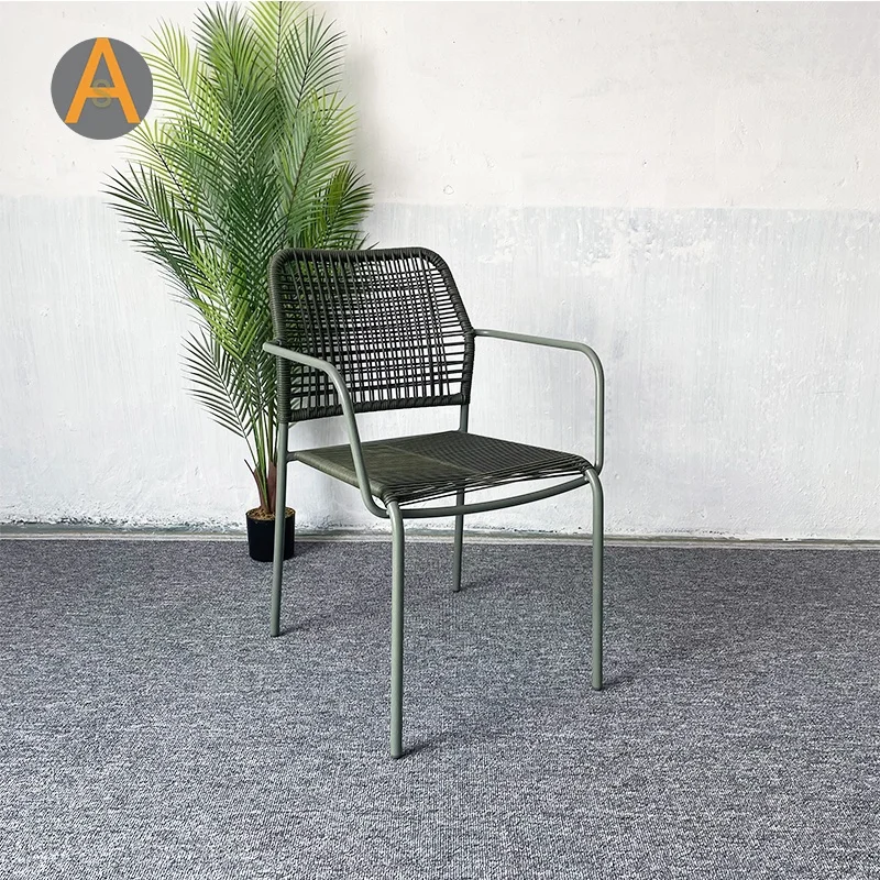 Mid century aluminum alloy hotel restaurant furniture rope chair outdoor dining chairs with arms