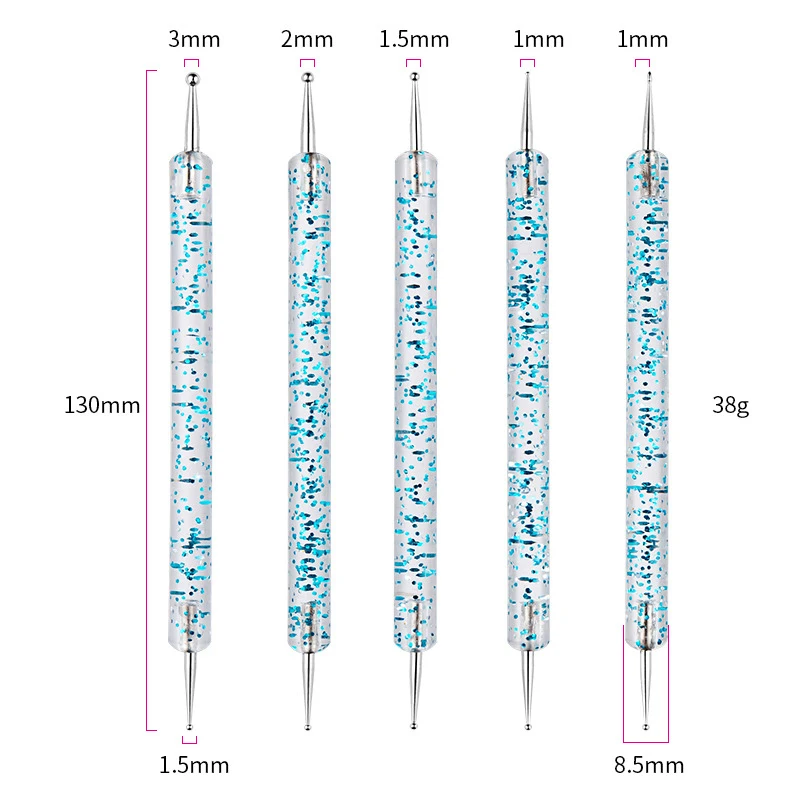 5 Pcs Nail Art Dotting Pen Brushes Set Crystal Handle Dual-ended Nail Painting Rhinestones Picker Manicure Tools