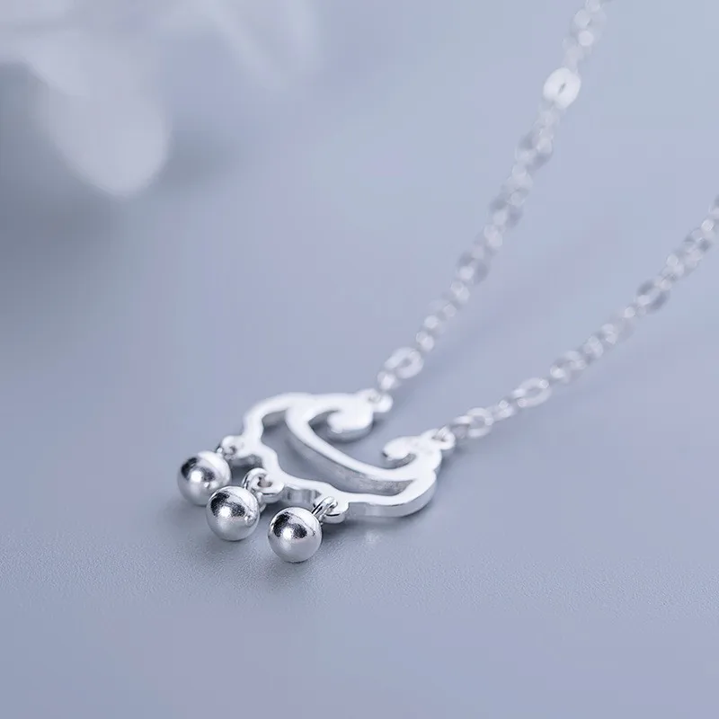 Long Life lock necklace 925 silver Korean version silver beads tassel pendant female hollow safety lock fashion necklace