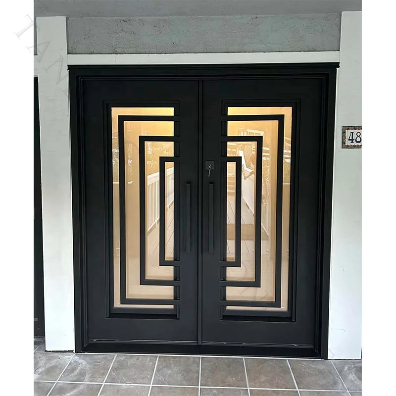 Wrought Iron Modern Door Decorative Iron Double Front Door Finished With Glass For House