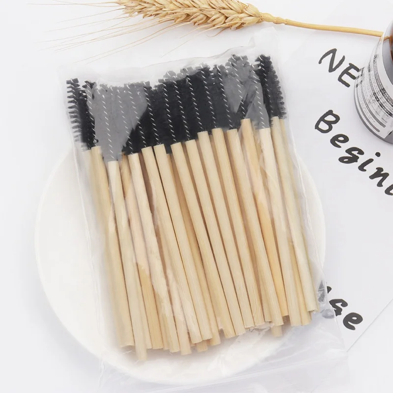 RTS 50-Piece Disposable Mascara Wand Eyelash Brush Spoolies With Bamboo Handle Eyelash Eyebrow Extension Applicator Makeup Tools