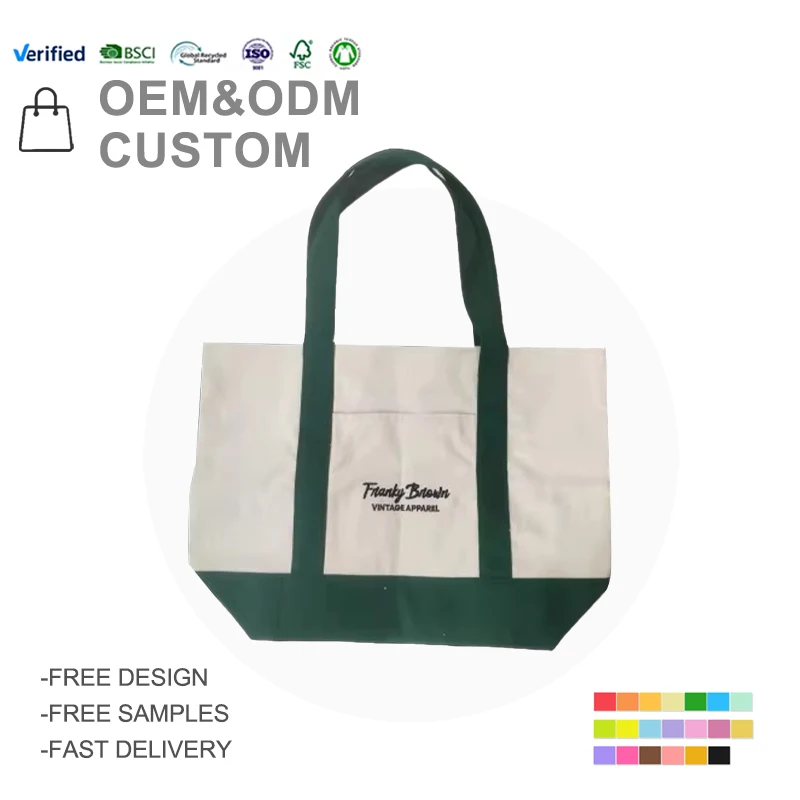 two tone green and natural color boat type canvas bag  with embroidery for grocery and shopping