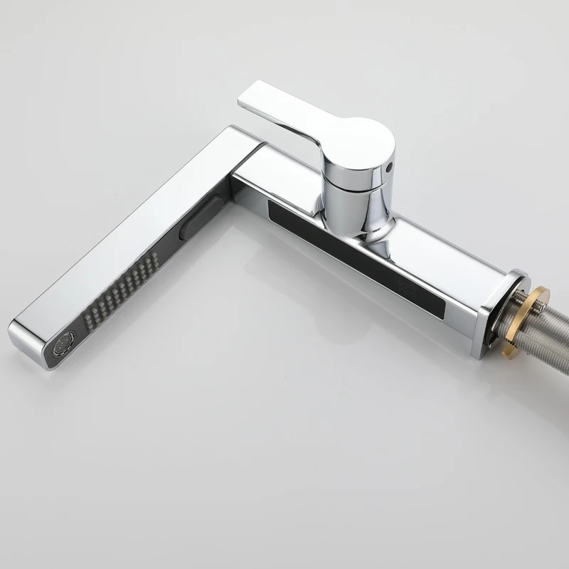 Digital Temperature Display Chrome Color Deck Mounted Pull Out Spray Lavatory Sink Bathroom Basin Faucet Mixer Tap
