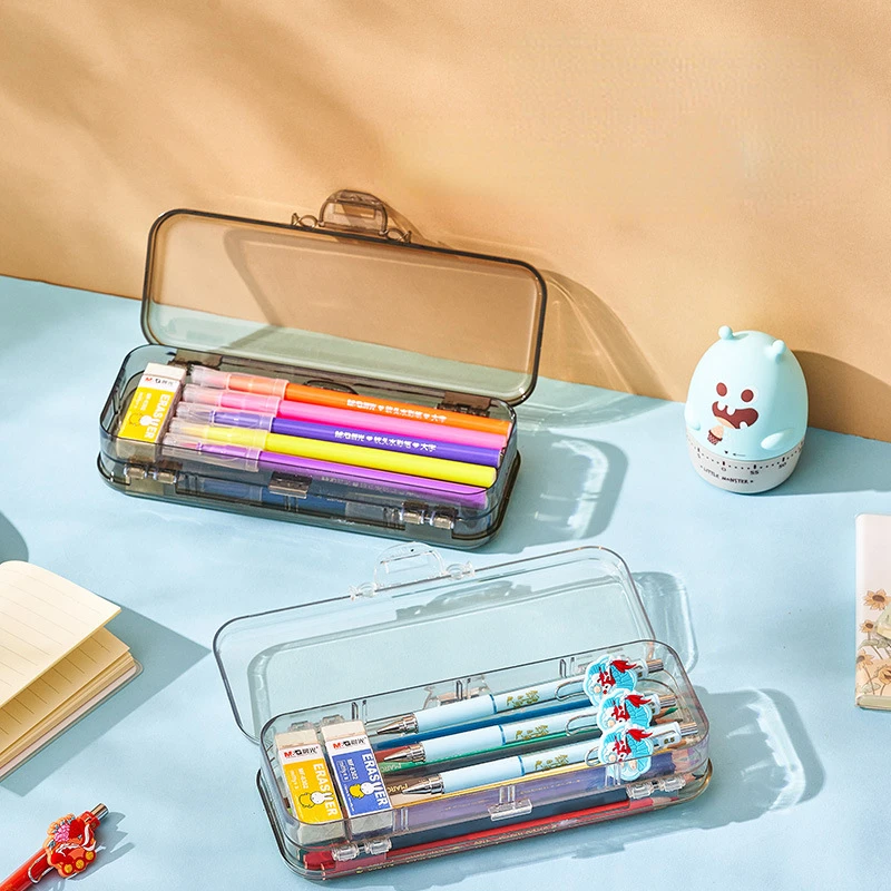 New Transparent Plastic Multi-functional Pencil case  Large Capacity Stationery Creative Double-layer Buckle Student Pencil Box