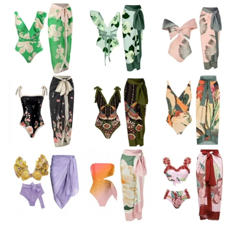 2024 new multicolor floral bandeau deep v asymmetric women bikini with sarong