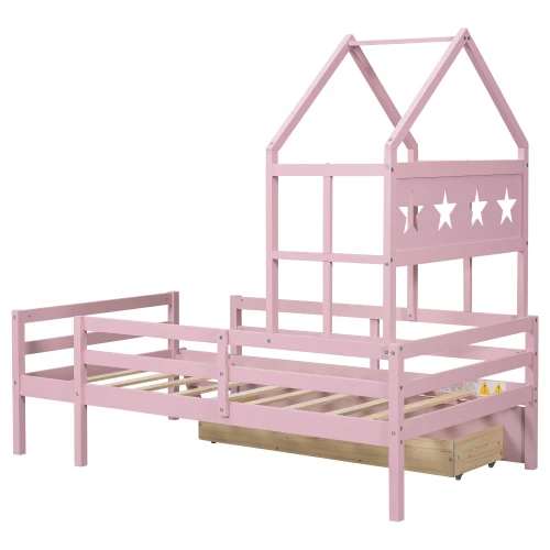Pink wooden house theme princess bed with guardrail and drawer storage space suitable for children.