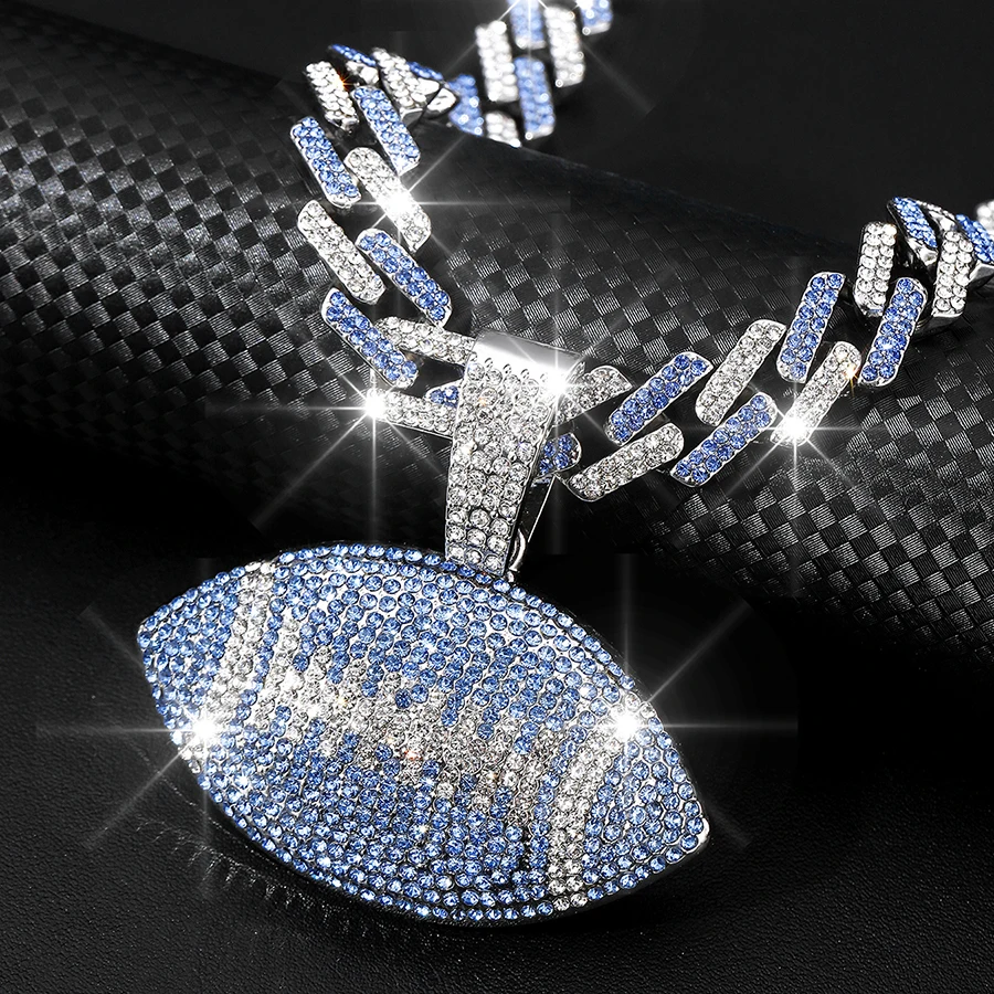 NL2274 Rugby Pendant Necklace Collana con ciondolo di rugby con catena cubana di cristallo da 13 mm Collana Hiphop Bling in lega
