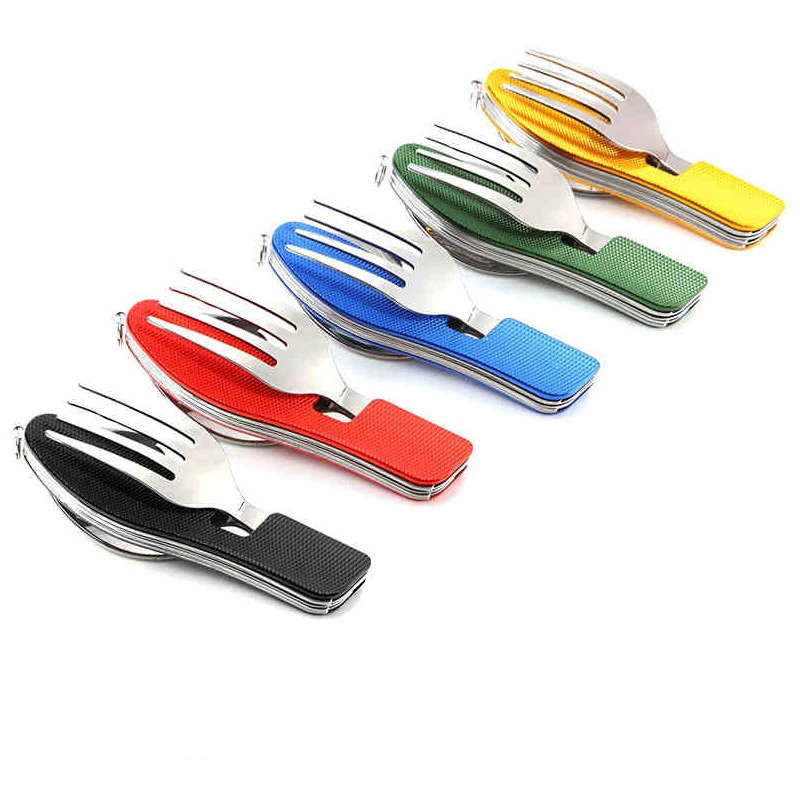 Kongbo Detachable Camping Utensils Cutlery Set Portable 4 in 1 Stainless Steel Travel Foldable Knife Fork Spoon Bottle Opener