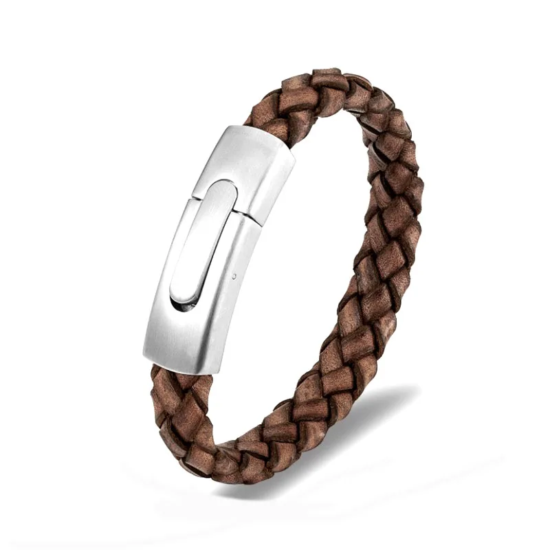 Custom Friendship Stainless Steel Snap Button Flat Wide Vintage Braided Italian Leather Woven Bracelet for Girl and Men