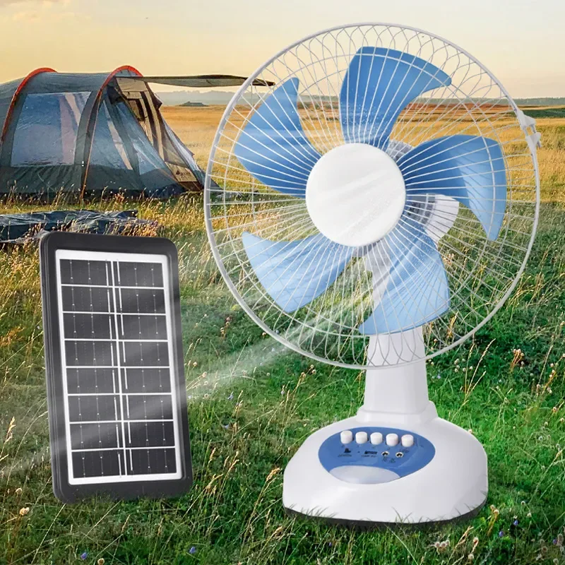 12v AC DC Solar Rechargeable Fan Bluetooth Speaker Radio 12 inch Table Fan with Solar Panel and LED Light for home and outdoors
