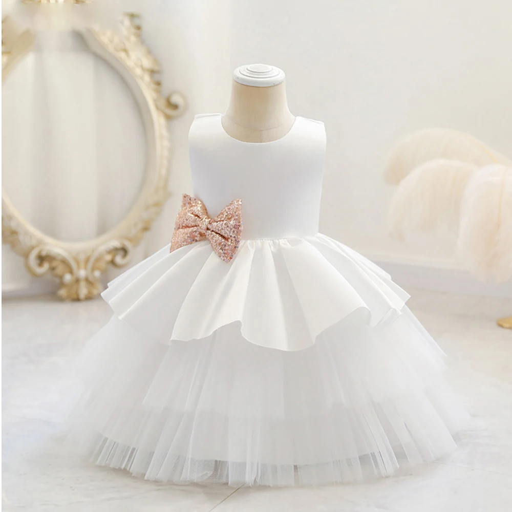 Latest Sequin Bow  Baby Girl Dresses Popular Little Kids Birthday Party Wedding Dress kids Girl Party Dress Grown