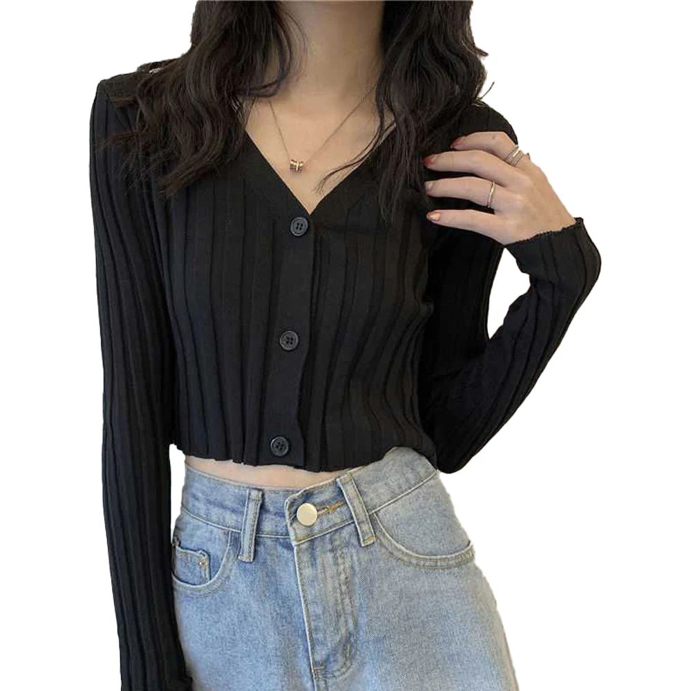 Custom spring lady v-neck long sleeve single breasted ribbed crop top 100% cotton office knitted cardigan sweater for women