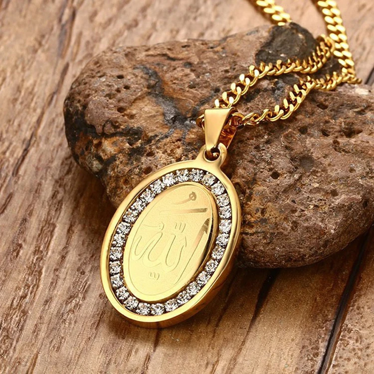 Gold Plated CZ Stainless Steel Pendant Necklace With Muslim Islam Allah Engraved Customized for Men Women