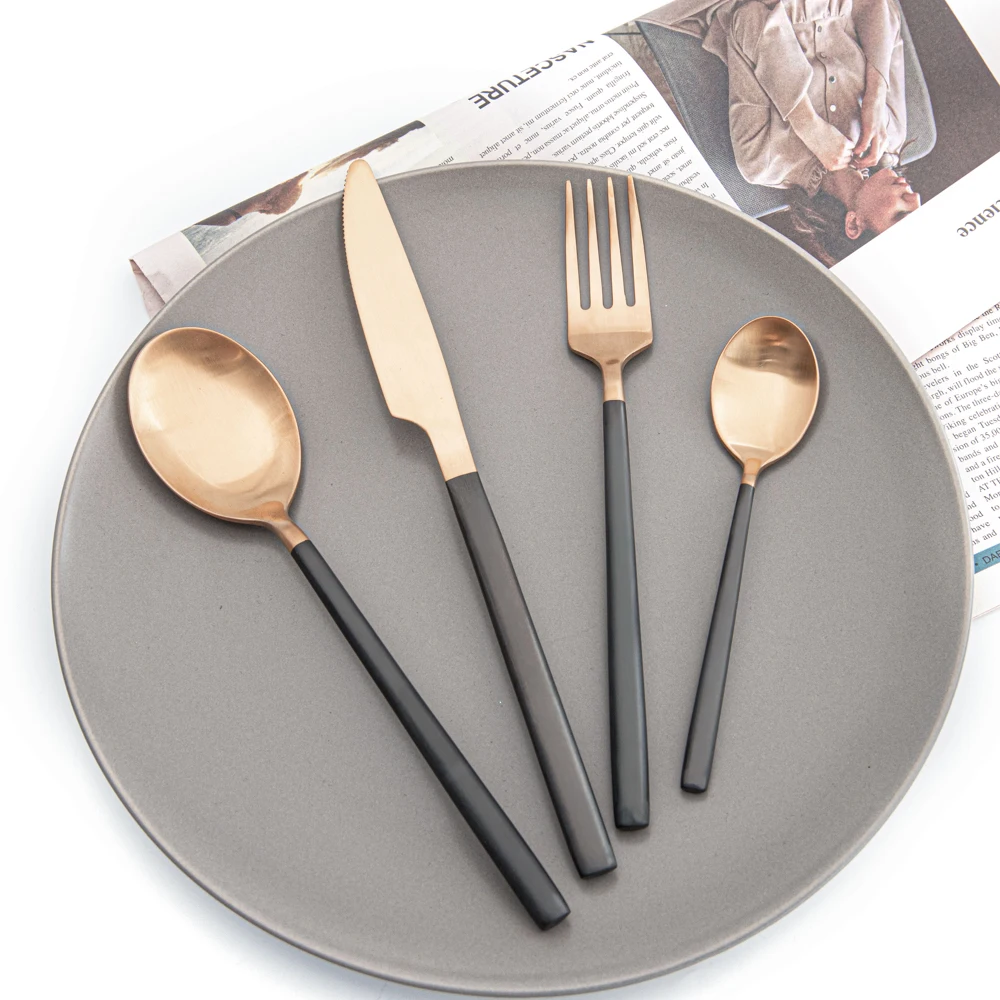 Premium rose gold and matte black stainless steel cutlery 4pcs set for wedding hotel