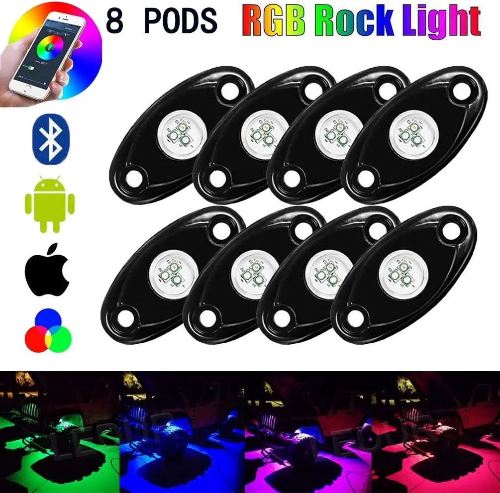 Комплект подсветки Rock Light RGB 1 контроль 8 светодиодов управление через приложение голубые зубы подземное освещение 12 В 9 Вт для джипа квадроцикла 4x4 внедорожника