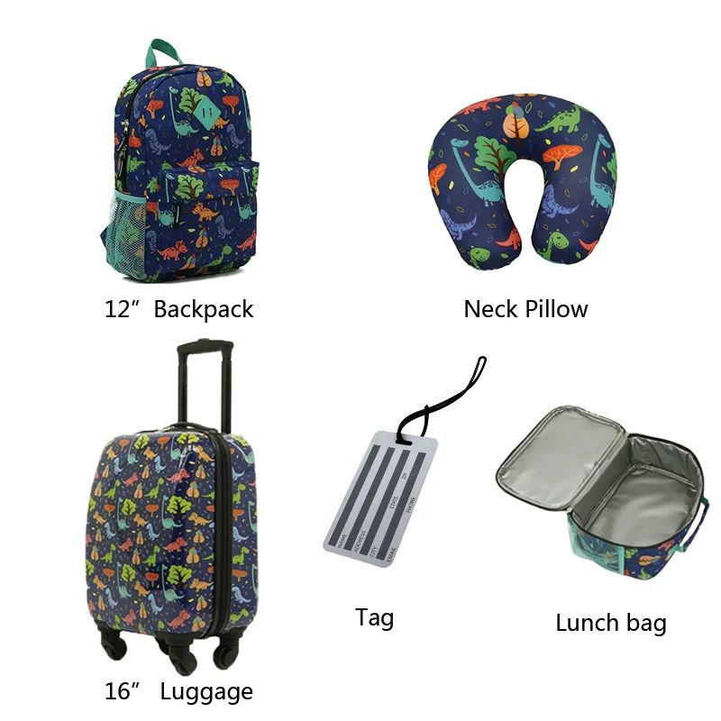 Luggage Kids new design Kids 5PC Luggage Set 4 Wheels Spinner System travel backpack lunch bag luggage tag travel pillow