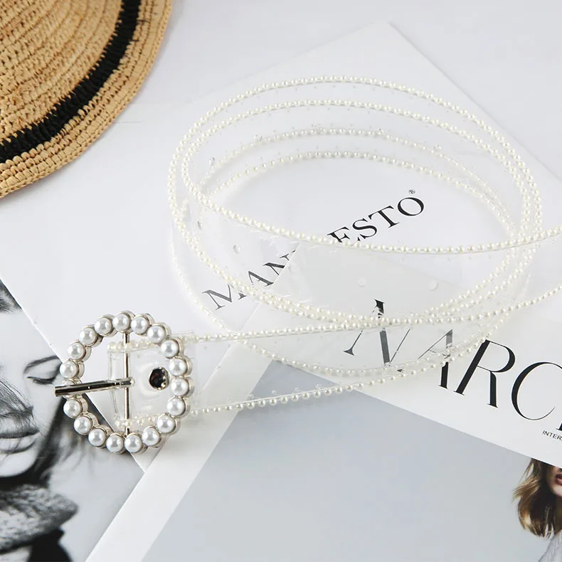 Hot Sale Fashion Pearl Rhinestone Buckle Transparent Clear Waist PVC Belt Waistband for Women Girls Jeans Shorts Dress